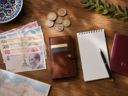 Turkish Lira currency and travel wallet for budgeting a trip to Turkey