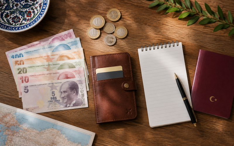 Turkish Lira currency and travel wallet for budgeting a trip to Turkey