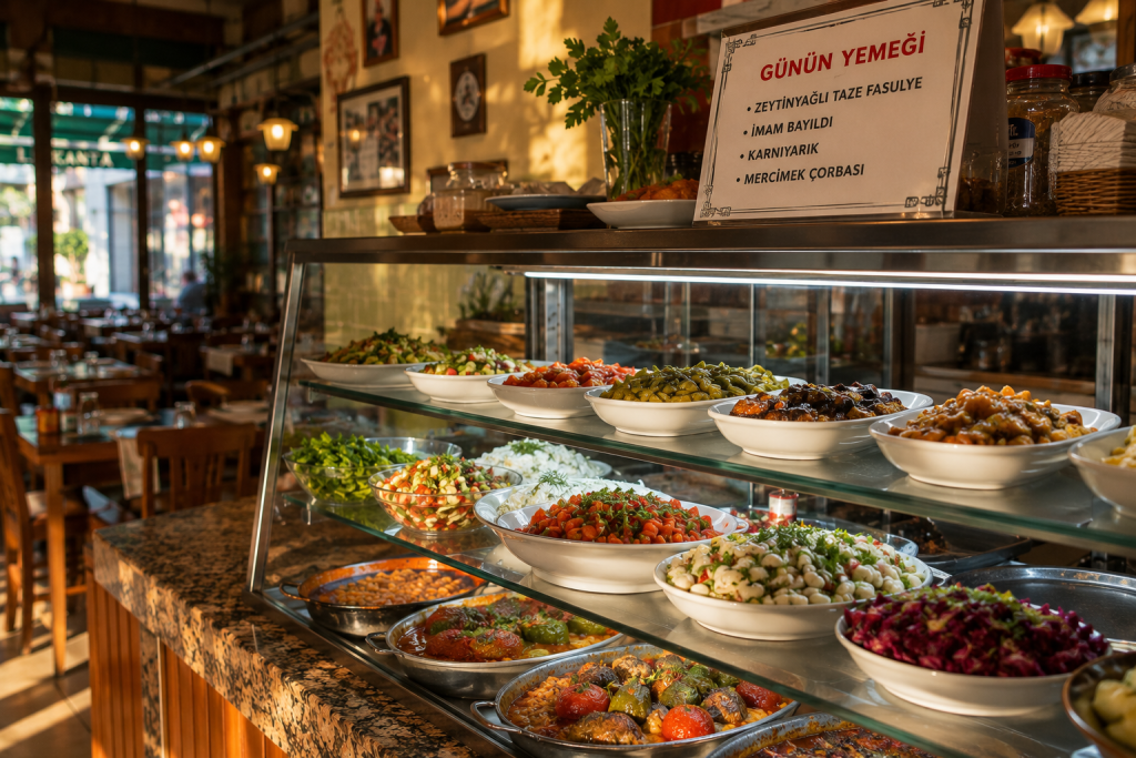 Traditional Turkish lokanta restaurant with local dishes on display