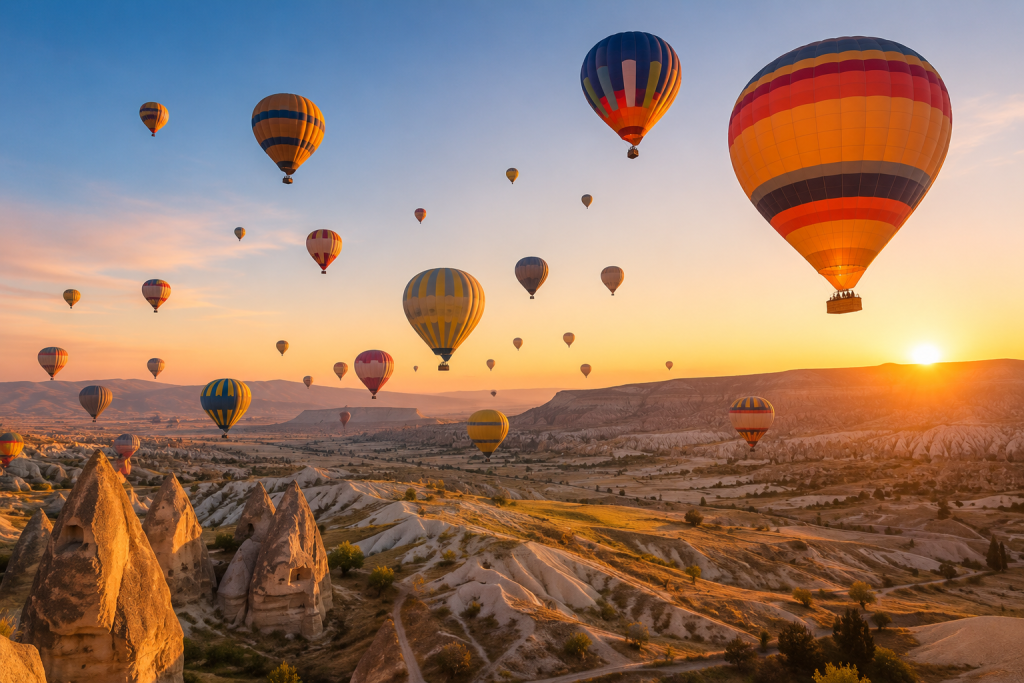 Hot air balloons over Cappadocia at sunrise Turkey