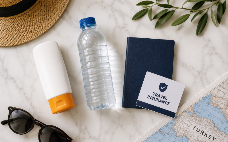Travel health essentials for visiting Turkey including sunscreen, bottled water and travel insurance