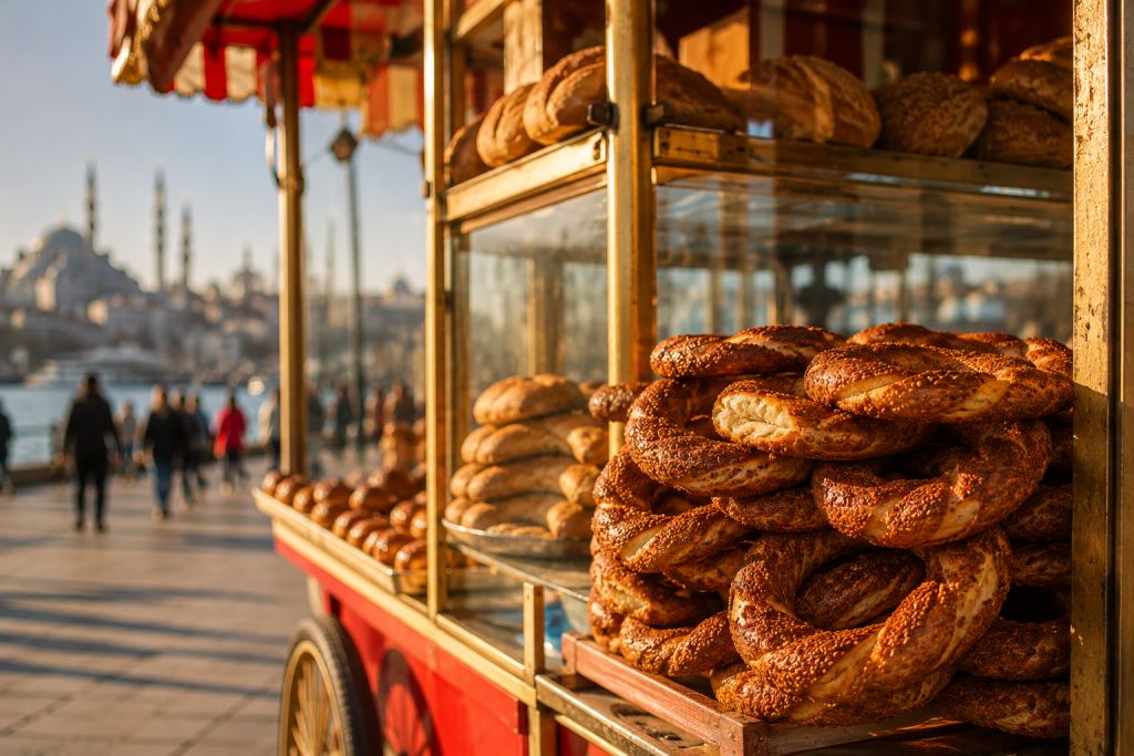 Turkish street food stall with fresh local snacks