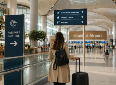 Traveler walking toward passport control at Istanbul Airport before an international flight to Turkey