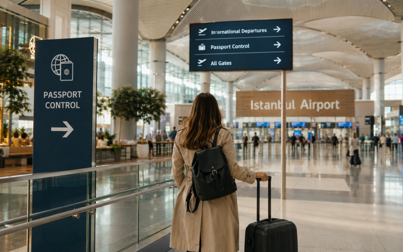 Traveler walking toward passport control at Istanbul Airport before an international flight to Turkey