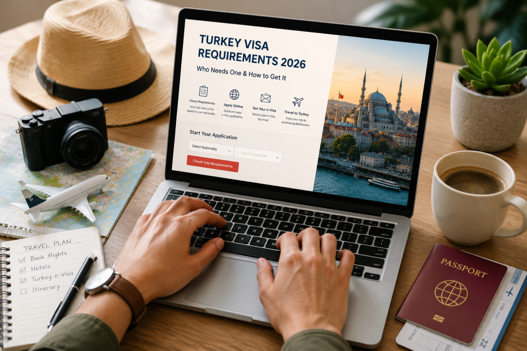 Traveler planning a trip to Turkey on a laptop with passport, map, and Turkey e-Visa application page