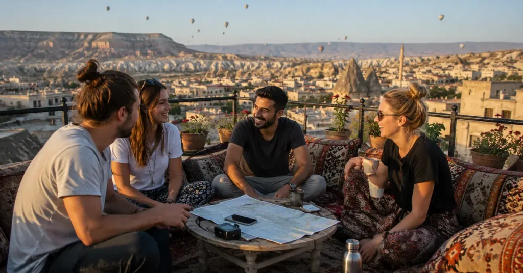 International solo travelers socializing on a guesthouse rooftop terrace in Turkey