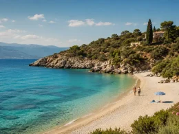 Quiet turquoise beach on Turkey's Aegean coast in shoulder season