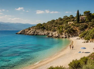 Quiet turquoise beach on Turkey's Aegean coast in shoulder season
