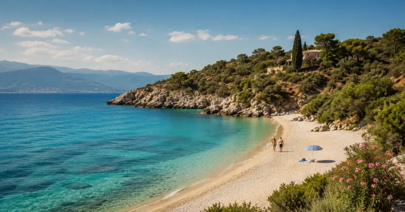 Quiet turquoise beach on Turkey's Aegean coast in shoulder season
