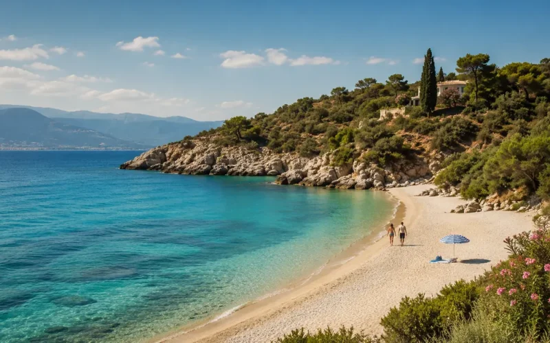 Quiet turquoise beach on Turkey's Aegean coast in shoulder season