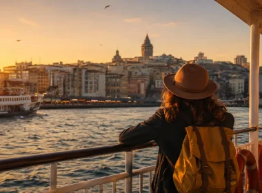 Traveler on Bosphorus ferry looking at Istanbul skyline at golden hour