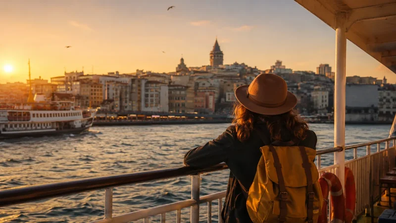 Traveler on Bosphorus ferry looking at Istanbul skyline at golden hour