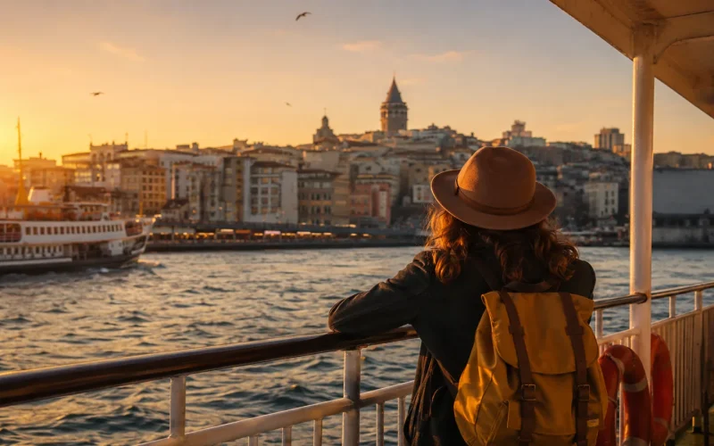 Traveler on Bosphorus ferry looking at Istanbul skyline at golden hour