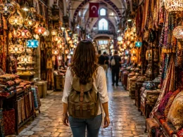 Solo traveler walking through the Grand Bazaar Istanbul surrounded by colorful textiles and lanterns