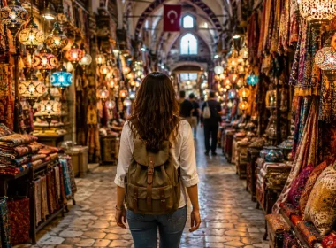 Solo traveler walking through the Grand Bazaar Istanbul surrounded by colorful textiles and lanterns
