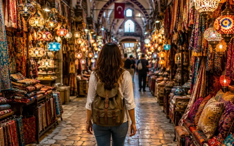 Solo traveler walking through the Grand Bazaar Istanbul surrounded by colorful textiles and lanterns