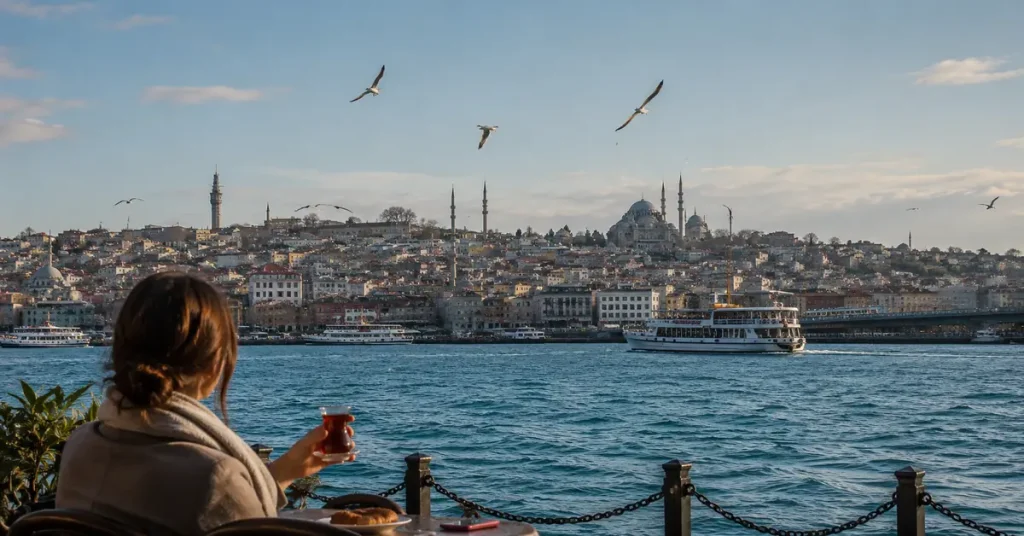 Solo traveler drinking Turkish tea at outdoor table with city view in background Turkey